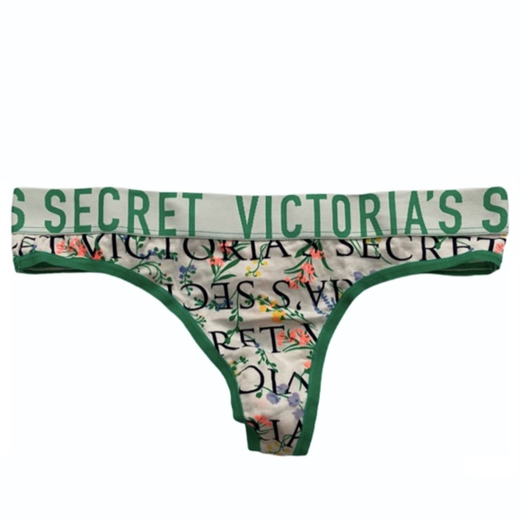 Victorias Secret Nwt Navy Green Floral Logo Band Cotton Blend Thong Panty S M - Picture 2 of 2